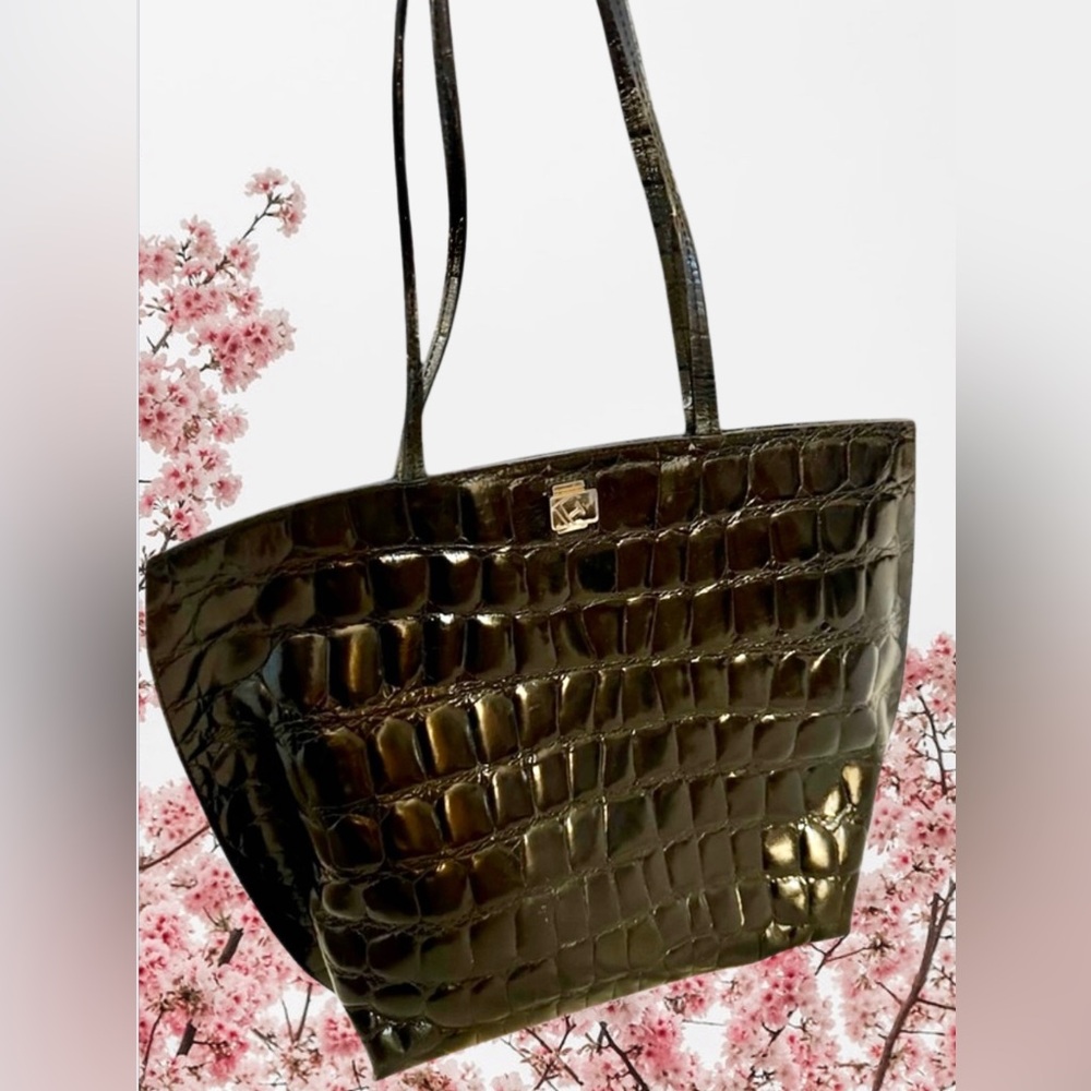 Furla Vintage Black Leather Croc Embossed Tote